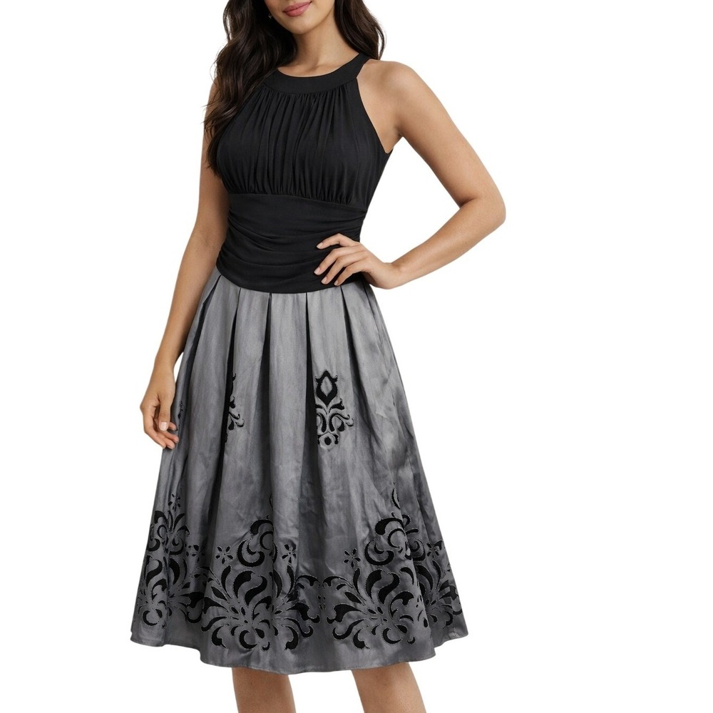 S.L. Fashions Women  Size 10  Black Gray Ruched Fit Flare Party Dress Sleeveless